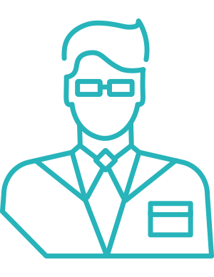 The image is a stylized icon of a businessman wearing glasses, with a suit and tie, set against a grey background.